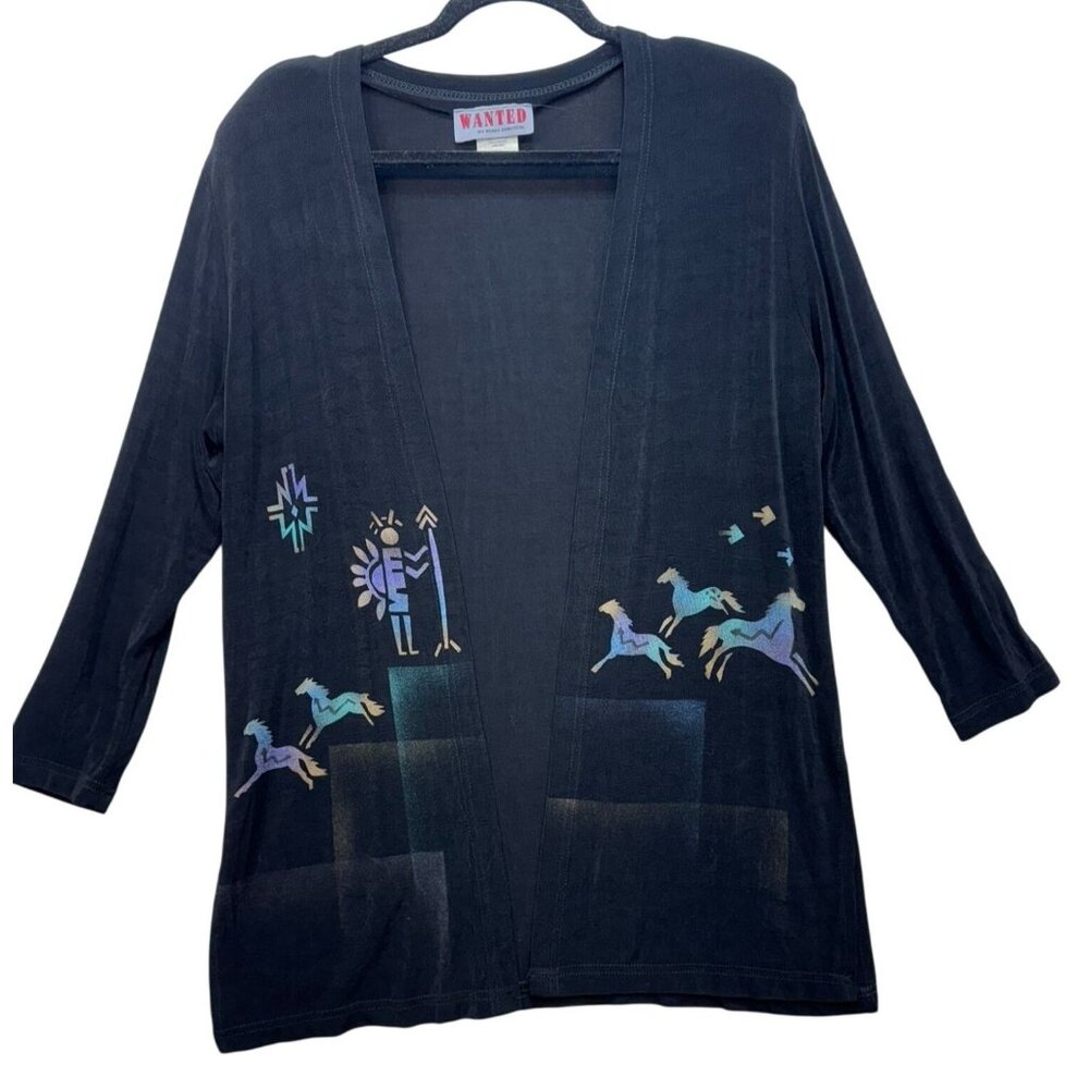Vintage Wanted By Beads Beautiful Black Cardigan Colorful Horse & Tribal Print